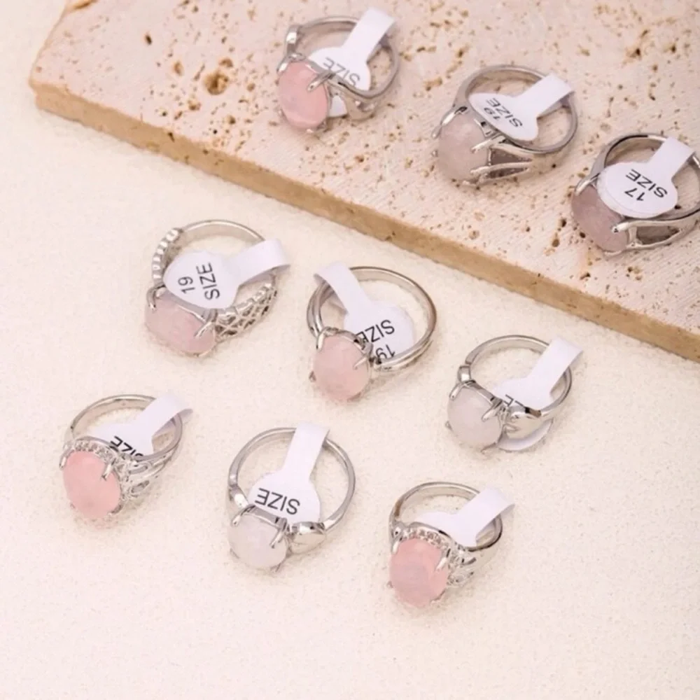 Light Pink Rose Quartz Stone + Silver Fashion Ring